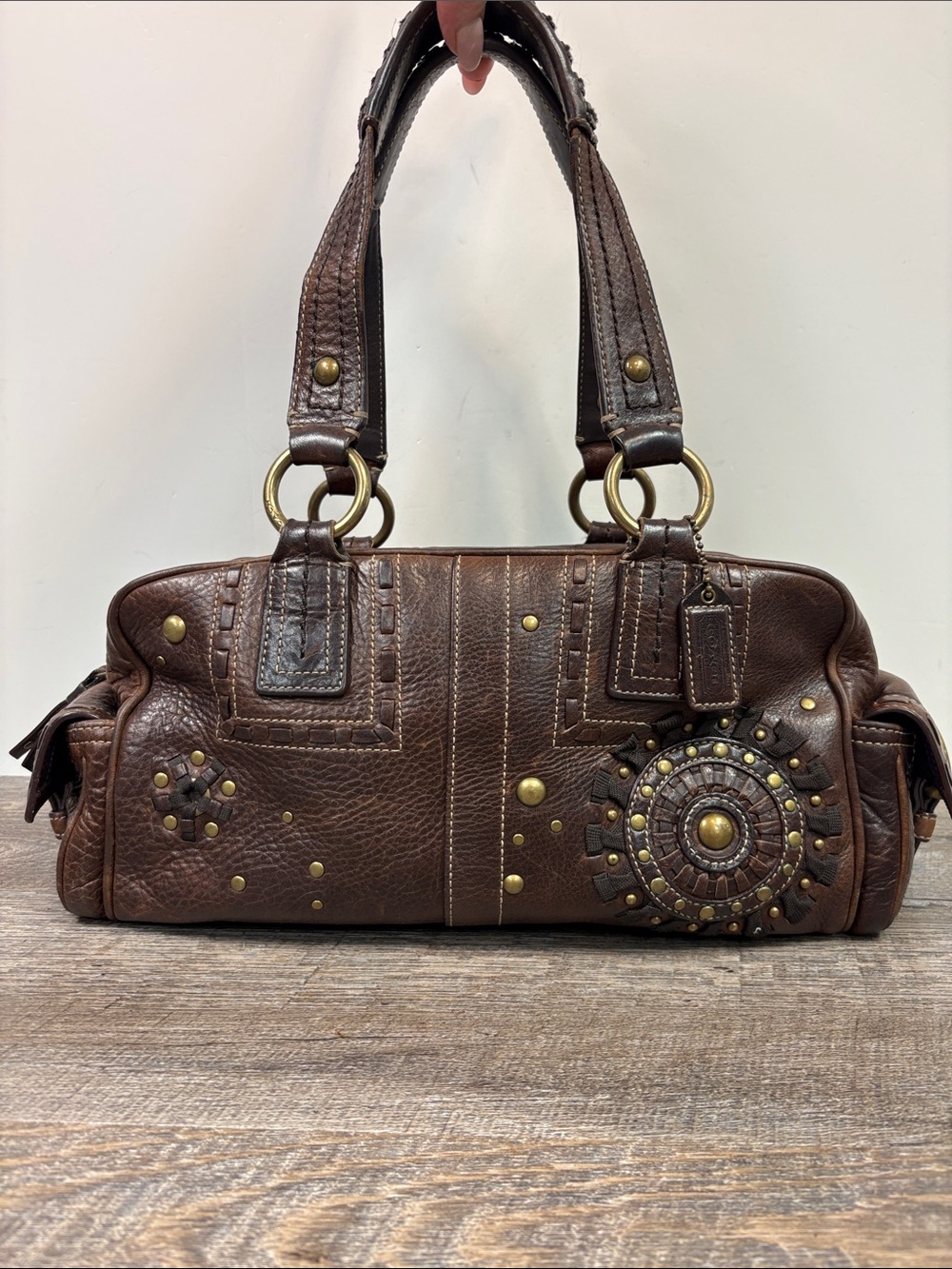 Coach Vintage Soho Mia Brown Leather Studded Satchel Shoulder Bag